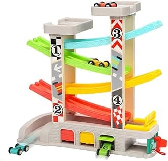 TOP BRIGHT Car Ramp Toy for 2 3 4 Year Old, Toddler Race Track Toys with 4 Wooden Cars and 3 Car Garage Kids Vehicle Playsets Birthday Gift