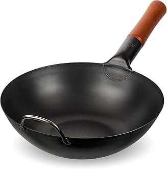 Pre-Seasoned Carbon Steel Wok Pan - 11.6" Flat Bottom Chinese Stir Fry Pan - Traditional Chinese Japanese Wok - Black Steel