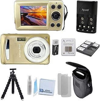 Acuvar 16 MegaPixel Entry Camera Vlogging Kit with Flexible Tripod, SD Card Reader, 4 AAA Batteries & Charger, 6 Slot SD Card Holder, Lens Cleaning Kit and Hard Shell Case (Gold)