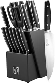 Kitchen Knife Set with Block and Sharpener Plus Scissors, 15pc Chef Knife Set of Professional Grade Kitchen Knives with Sharpened High Carbon Stainless Steel Blades & Triple Riveted Handles