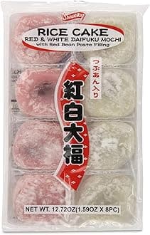 Shirakiku Red and White Daifuku Mochi Rice Cake | Delight with Maltose, Glutinous Rice, Red Bean Filling | Perfect for Asian Snacking and Desserts | 12.72oz, (Pack of 1)