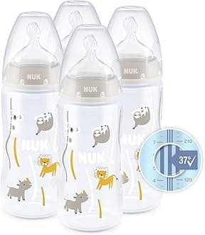 NUKFirst Choice+ Baby Bottles Set | 0-6 Months | Temperature Control | Anti Colic Vent | 300 ml | BPA-Free | Silicone Teat | Safari (Beige) | 4 Count