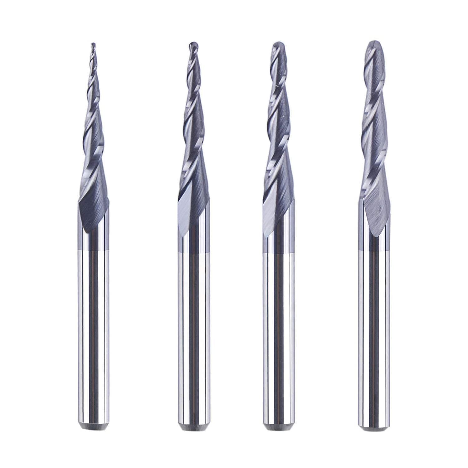SpeTool 4Pcs/Pack Assorted R0.25~1.0 Tip 1/8" Tapered End Mill Cone Ball Nose Carbide Bit CNC Cutter for Carving Engraving