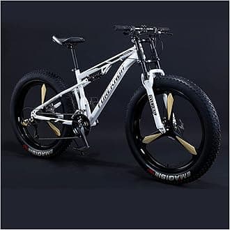 Mountain Bikes Men 26 Inch Adult Fat Tyre Mountain Bike with Full Suspension, High-carbon Steel Large Frame Dual Disc Brake Giant Bicycle,White 3 Spoke,27 Speed