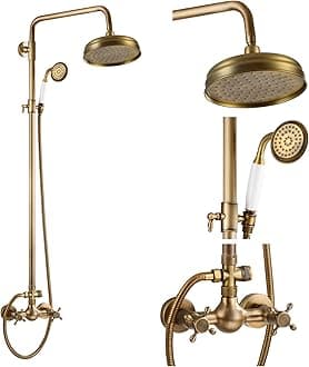gotonovo Antique Brass Exposed Shower Faucet Set 8 Rain Shower Head 2 Double Knobs Cross Handle Shower Fixture Combo System Unit Set Dual Function