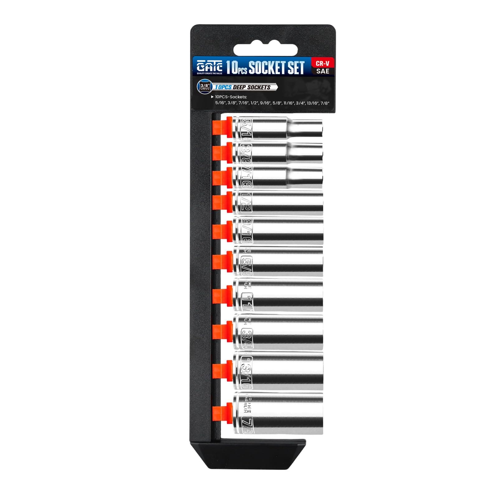 10PCS 3/8” Drive Deep Socket Set, SAE (5/16"-7/8"), 6-Point, Cr-V Steel, Chrome Plated Socket With Hanging Bracket, Cover Most Commonly Sizes