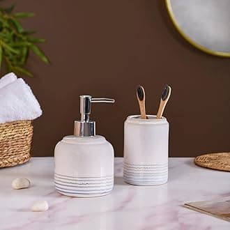 Nestasia Ceramic Bath Set of 2 - Liquid Soap Pump Dispenser & Toothbrush Holder for Bathroom & Wash Basin - White & Blue Glossy Bathroom Accessories