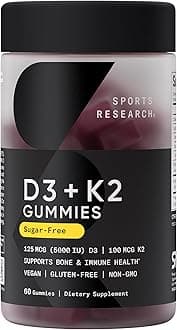 Sports Research® Vegan Vitamin D3 + K2 Sugar Free Gummies - 125mcg (5000iu) Vitamin D w/ 100mcg Mk7 Vitamin K - Supports Bone & Immune Health* - Vegan Certified · Non-GMO · Soy Free - 60 Count