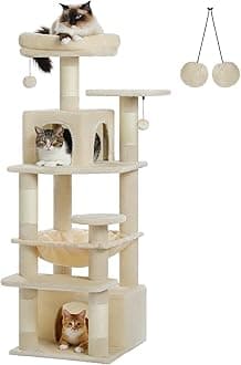 PAWZ Road Cat Tree, 53.5 Inches Tall Cat Tower with Spacious Hammocks, Condos and Scratching Posts, Cat House with Dual Padded Perches for Indoor Large Cats-Beige