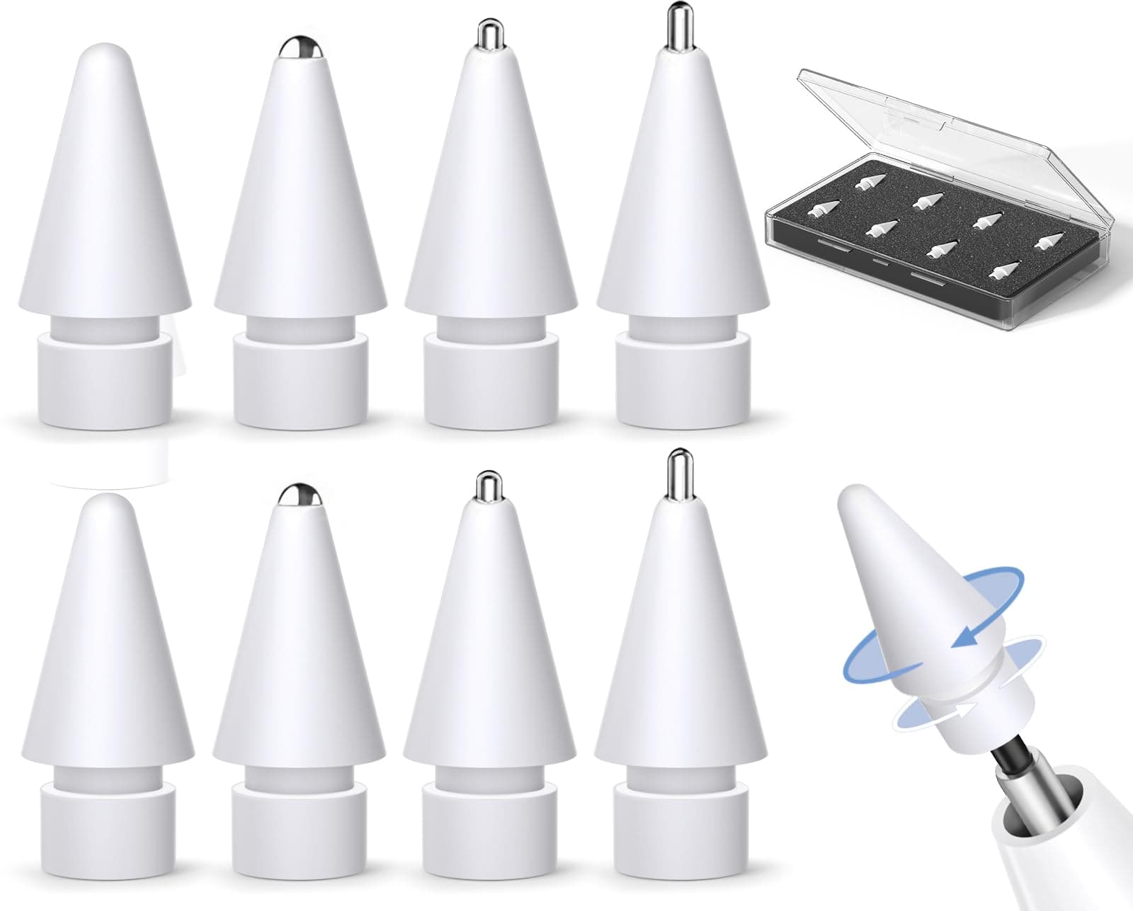 8 Pack for Apple Pencil Tips Replacement Accessories,Compatible with Apple Pencil Pro/2nd Generation/1st Generation/USB C,iPencil Nib for iPad Pro/Air/Mini,for Drawing Writing(White Metal Nib)