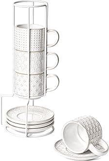 Stackable Espresso Cups with Saucers and Stand, Set of 4, 4 oz Ceramic Coffee Cup Set for Double Shot, Lungo, Ristretto, Macchiato, Microwave & Oven Safe, Embossed, White