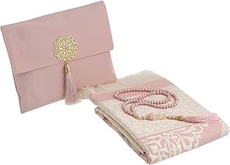 Muslim Prayer Rug with Tasbih and Portable Bag, Muslim Gift for Women Men, Mubarak Islamic Box, Soft Mat Islam Gifts Set, Turkish Sajadah for Ramadan, Eid, Hajj, Travel, Pray (Powder Pink)
