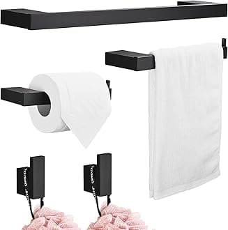 5-Piece Bathroom Hardware Set Bath Accessory Kit Towel Rail Wall Hooks Toilet Paper Holder Metal Wall Mounted and Towel Hooks, Black