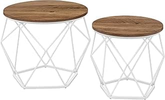 VASAGLE Round Coffee Table, Set of 2, Side Table, Sofa End, Modern Style, Removable Top, Steel Frame, for Living Room, Honey Brown and Cloud White LET040K41