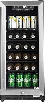 HCK 90L Undercounter Fridge for Garden, Durable Waterproof Stainless Steel，3-Layer Glass Door with Auto-Close & Auto Defrost, 4-22℃ Digital Temperature Control, Ideal for Beer Beverage and Wine