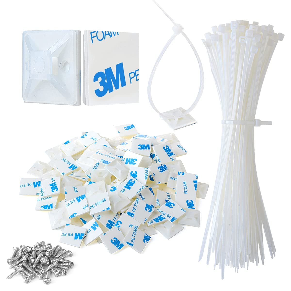 3/4" 3M Back-Glue Self Adhesive White Strong Cable Zip Tie Mounts 100pcs with 8" Ties, Screws, Outdoor Sticky Wire Fasteners Cable Clips Management Anchors Organizer Holders Squares