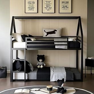 Twin Over Twin/House Bunkbeds for Kids, Teen,Roof Design Bunk Bed Frame with Ladder and Guardrail, Easy to Assemble & No Box Spring Needed, Black