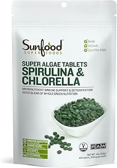Sunfood Superfoods Spirulina & Chlorella Super Algae Tablets (No Fillers, Additives, Preservatives, 4oz Bag)