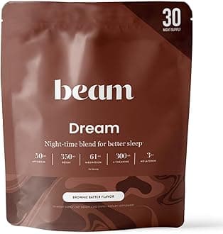 Beam Dream Sleep Powder – Sleep Aid for Adults with Melatonin, Magnesium, L-Theanine, Reishi Mushroom & Apigenin Sleep Supplement, Sleepy Cocoa Bedtime Drink Mix, Brownie Batter Flavor, 30 Servings