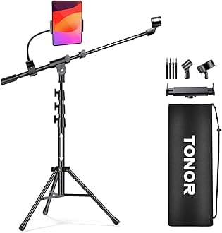 TONOR Microphone Stand with Tablet Holder, Tripod Boom Arm for Floor, Adjustable Height and Angle, Heavy Duty Stand with Carrying Bag, Smartphone and Pad Clamp, Excellent Compatibility, T35