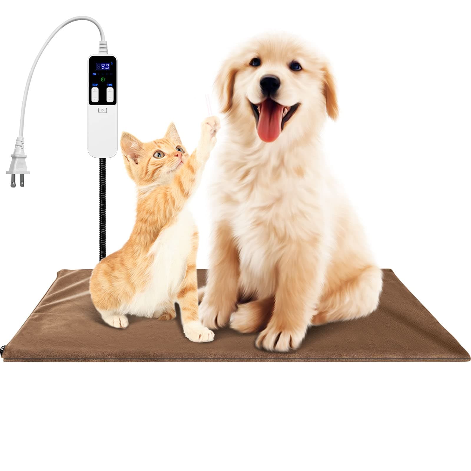 Pymeter Pet Heating Pad with Adjustable Constant Temperature Control, Waterproof Heating Pad with Timer for Outdoor Dog House, Chew Proof Heated Mat for Inside Cats Dog Bed (16" x 20", Brown)