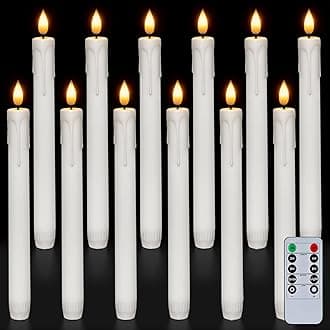 Homemory 12 Pcs Plastic Flameless Taper Candles with Remote Timer Dimmer, White Taper Candles Battery Operated with Flickering Flame Light Lifelike Led Candlesticks for Indoor Decoration 9.6 Inches