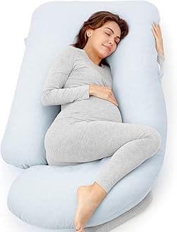 Momcozy Pregnancy Pillows for Sleeping, U Shaped Full Body Pillow for Pregnancy Women with Removable Jersey Cotton Cover, 57 Inch Maternity Pillow, Light Blue