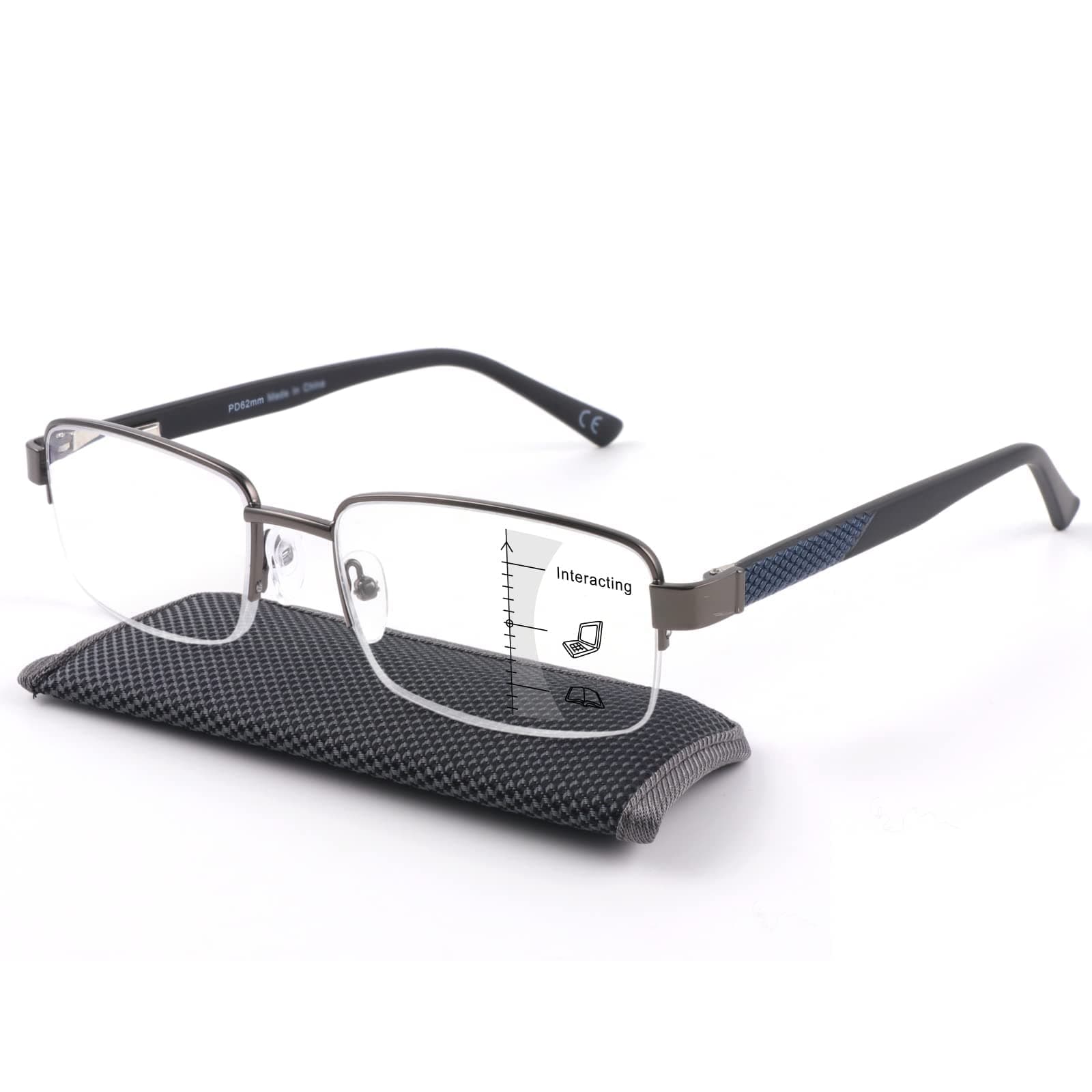 Missfive Men Premium Multifocus Reading Glasses Blue Light Blocking, Progressive Metal Frame With No Broken Spring Hinge Eyewear,Workspace For Near Range 2.00x