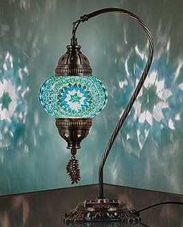 DEMMEX Turkish Moroccan Mosaic Table Lamp–Handcrafted Tiffany-Style Colorful Glass Swan Neck Bedside, Desk Light, Boho Artisan Accent Lighting for Bedroom, Living Room–38cm H, Turquoise