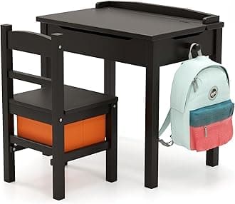 Costzon Kids Table and Chair Set, Flip Top Toddler Study Desk w/Chair for Playroom & Nursery, Wood Activity Table Set w/Storage Space, Safety Hinge, Pull-Out Drawer & Hook for Arts, Crafts (Brown)