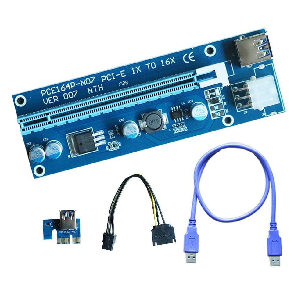 Leboo 1-Pack PCIE Riser VER 007 PCI Riser 6 PIN 1x to x16 Powered Riser Adapter Card w/ 60cm USB 3.0 Extension Cable & PCI-E to SATA Power Cable