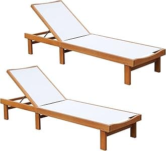 Tangkula Outdoor Wood Chaise Lounge Chair, Patio Chaise Lounger with 5-Position Adjustable Back, Eucalyptus Wood Reclining Lounge Chair with Breathable Fabric for Poolside Lawn Backyard (2, White)