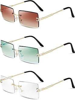 3 Pairs Rimless Rectangle Sunglasses Tinted Frameless Eyewear Vintage Transparent Rectangle Y2k