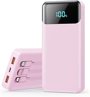 Portable Charger 40800mAh Power Bank with 3 Built-in Cables,PD 25W USB C in&Out Power Bank Fast Phone Charging,QC4.0 5 Output Travel Camping Essential Battery Pack for iPhone 17/16,Samsung etc-Peach