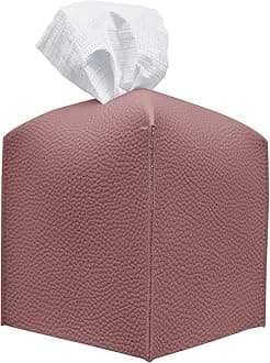Carrotez Tissue Box Cover, [Refined] Modern PU Leather Square Tissue Box Holder - Decorative Holder/Organizer for Bathroom Vanity Countertop, Night Stands, Office Desk & Car 5"X5"X5" - Dry Rose