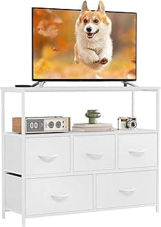 DUMOS TV Stand Dresser for Bedroom with 5 Fabric Drawer,Entertainment Center for 45 inch Television, Media Console Table with Storage, Open Shelf, Adjustable Feet, Living Room Furniture, White