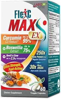 FlexC MAX EX with Turmeric Curcumin C3 Reduct 95% Tetrahydrocurcuminoids, Bioperine, Boswellia Extract & OptiMSM, Effective Anti-Inflammatory & Antioxidation - Joint & Body Pain Relief