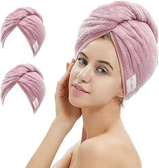 2 Pack Microfiber Hair Towel Wrap,Hair Drying Towel with Button Design,Head Towel to Dry Curly Hair Quickly (Bean Pink)