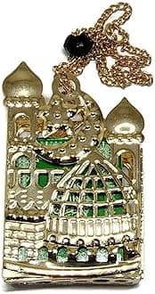 Islam Car Rear Mirror Hanging Decorative Ornament Vehicle Decor AMN-356 Mini Al-Quran in Metal Cage Masjid Mosque Design Pendant Ramadan Eid Muslim Gift (Gold/Green)
