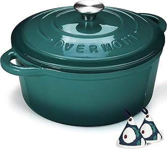 26cm/5.2L Enamelled Cast Iron Round Casserole Pot With Lid Cookbook & Cotton Potholders - Non-stick Dutch Oven Cookware for Braising, Stews, Roasting, Bread Baking - Bottle green, 5.5QT