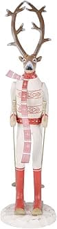 Mr Crimbo Skiing Reindeer Christmas Room Decoration White Red Wooden Design 43cm Tall Large Antlers Scarf Ski Poles Novelty Hand Painted Festive Ornament For Indoor Use