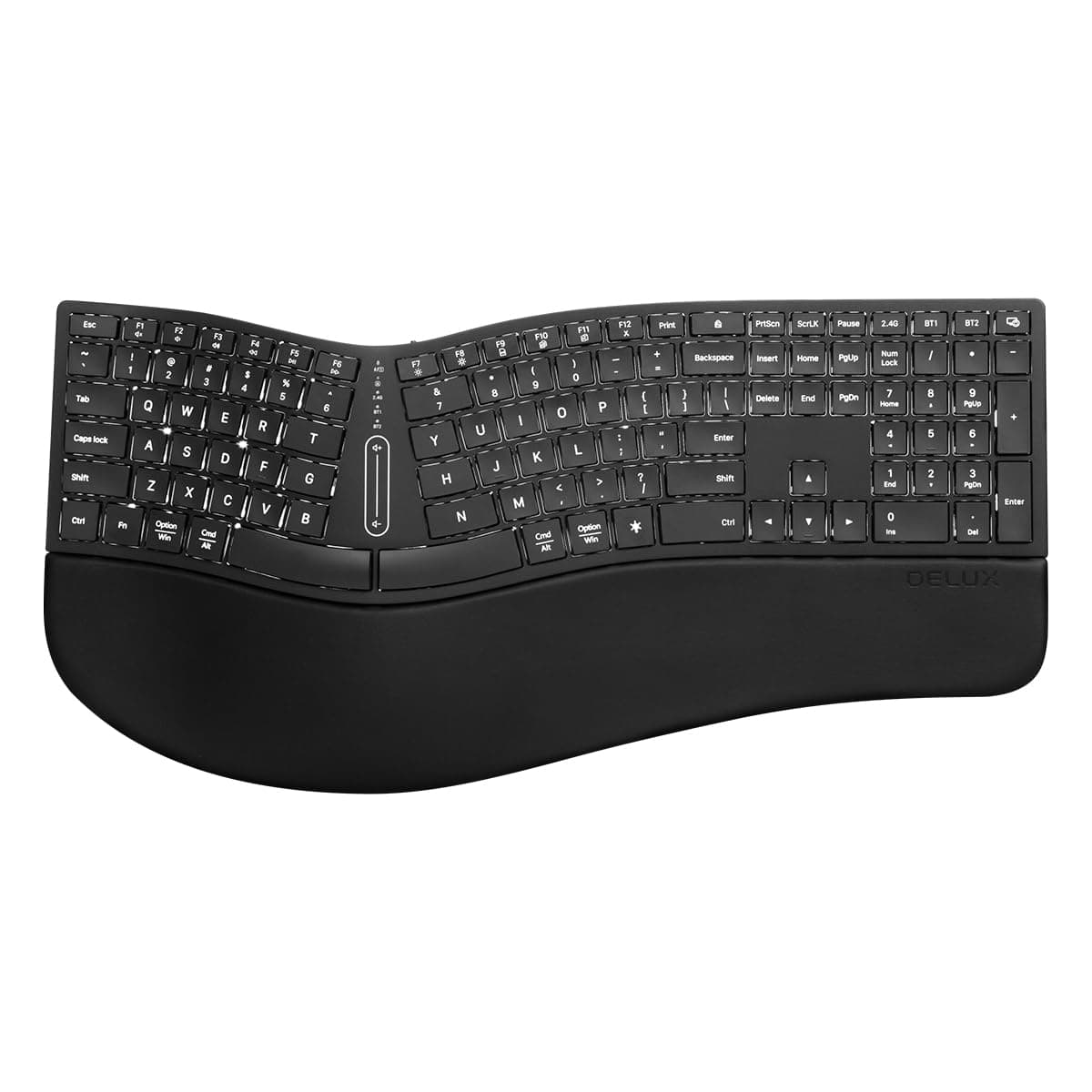 DeLUXFull Size Backlit Wireless Ergonomic Keyboard, Ultra-Thin Split Keyboard with Palm Rest, Touchable Volume Control, Bluetooth and 2.4G, Rechargeable, Natural Typing (GM909Ultra)