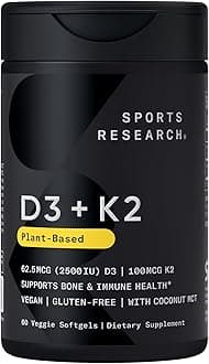 Sports Research® Vitamin D3 + K2 w/Coconut Oil - Vegan Vitamin D 2500iu (62.5mcg) & Mk7 Vitamin K 100mcg for Bone & Immune Support - Vegan Certified · Non-GMO · Soy Free - 60 Softgels