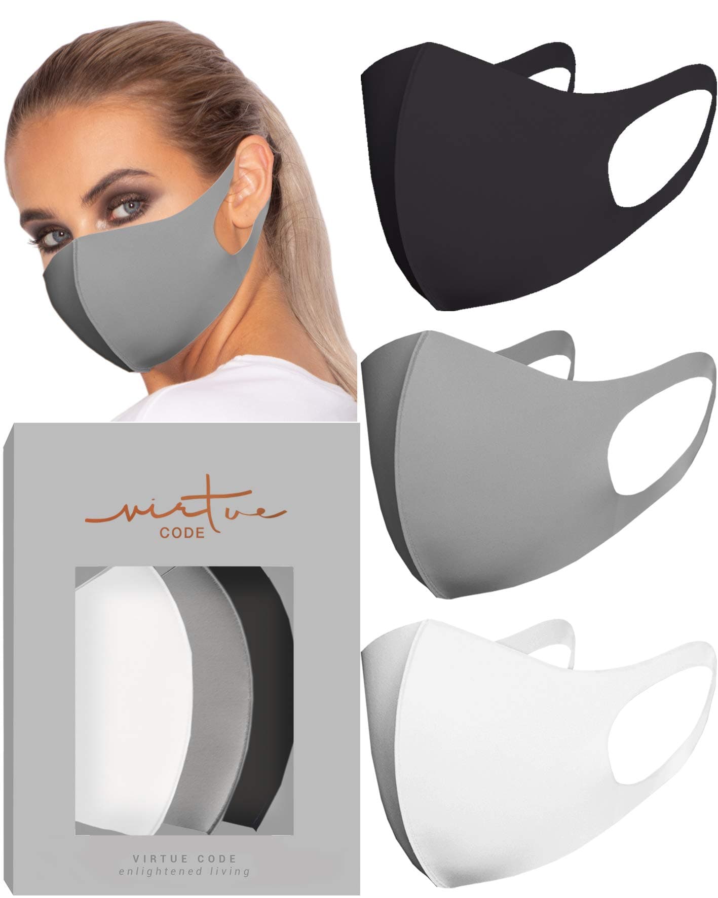 Second Skin in Grayscale Face Mask by VIRTUE CODE Fabric Face Masks 3 Pieces Black Grey White Washable Reusable Multipack