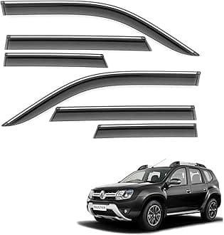 Car Compatible Wind Deflectors Rain Guard Door Visor for Renault Duster (2014 Onwards Model) - Chrome Lined, Polycarbonate, Smoke, Set of 6 Pcs