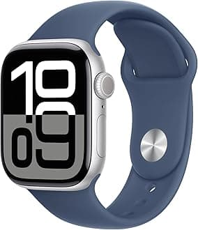 Apple Watch Series 10 GPS 42 mm Smartwatch with Silver Aluminium Case with Denim Sport Band - M/L. Fitness Tracker, ECG App, Always-On Retina Display, Water Resistant