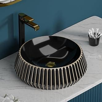 - 16x16x5.5 Inches Ceramic Table Top Wash Basin/10 Years Warranty/Black & Beige Basin for Bathroom/Round Shape Countertop Washbasin for Restaurant/Dining Hall/Living Room/Hotel(Glossy Finish)
