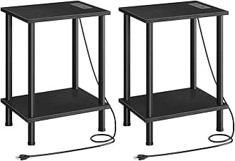 Side Table with Charging Station, Set of 2 End Tables with USB Port and Outlets, Nightstand with 2-Layer Storage Shelves for Small Spaces, Living Room, Bedroom, Black BK09UBZP201