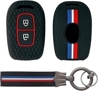 Striped Silicone Car Key Cover & Keychain & Fob Holder Black fit for Renault Triber, Kwid, Kiger, Duster Datsun Redi-Go (2 Button Remote Key New)