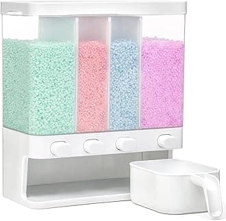 Conworld Rice Dispenser, 4 Grid Scent Bead, Wall-Mounted Dry Food Storage Kitchen Organization, Rice Container with Measuring Cups, Suitable for Laundry Beads